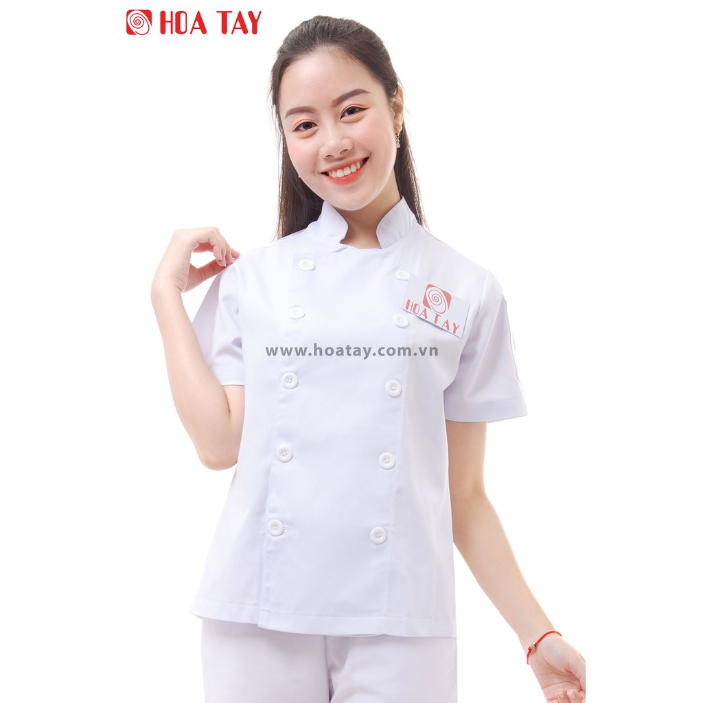 HOA TAY _ Áo Đầu Bếp Nữ Màu Trắng Tay Ngắn Kaki Nhuyễn