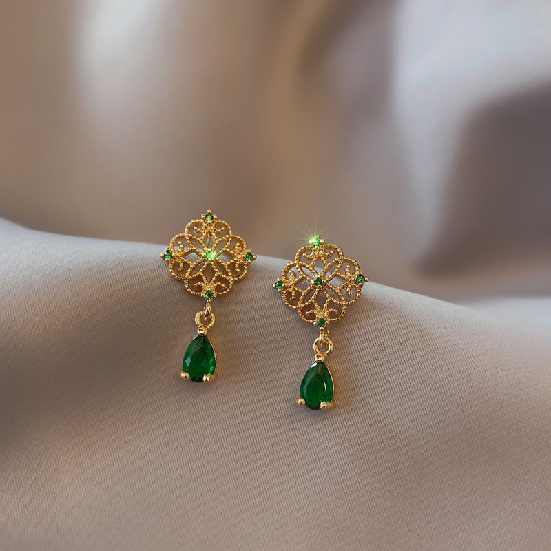 Bông tai hình hoa đính đá zircon phong cách Hàn Quốc retro
