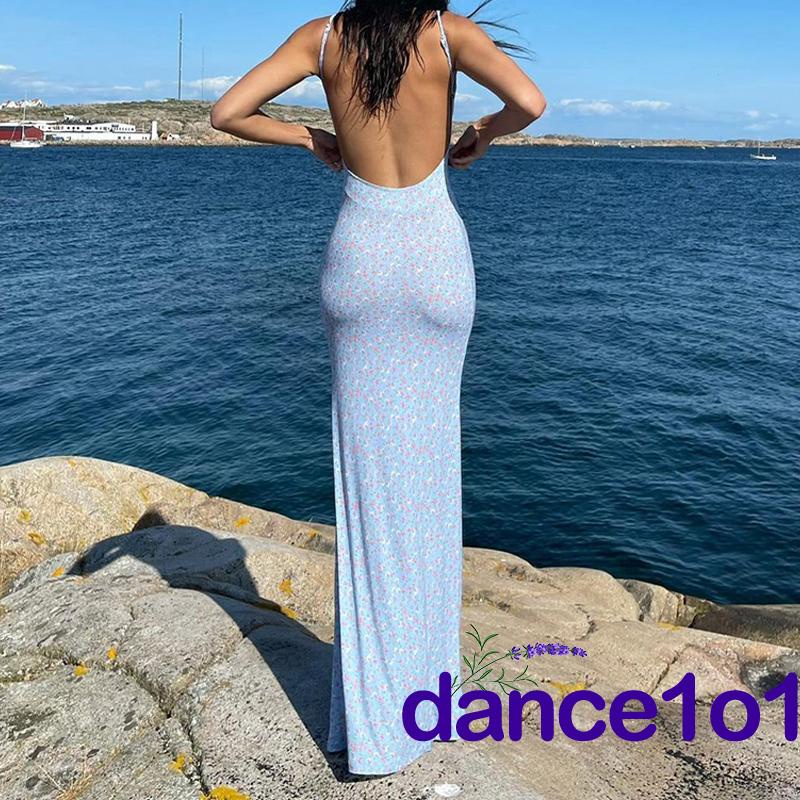 Đầm Dài Hai Dây Hở Lưng Dáng Ôm In Họa Tiết Hoa 1O1- Thời Trang Cho Nữ