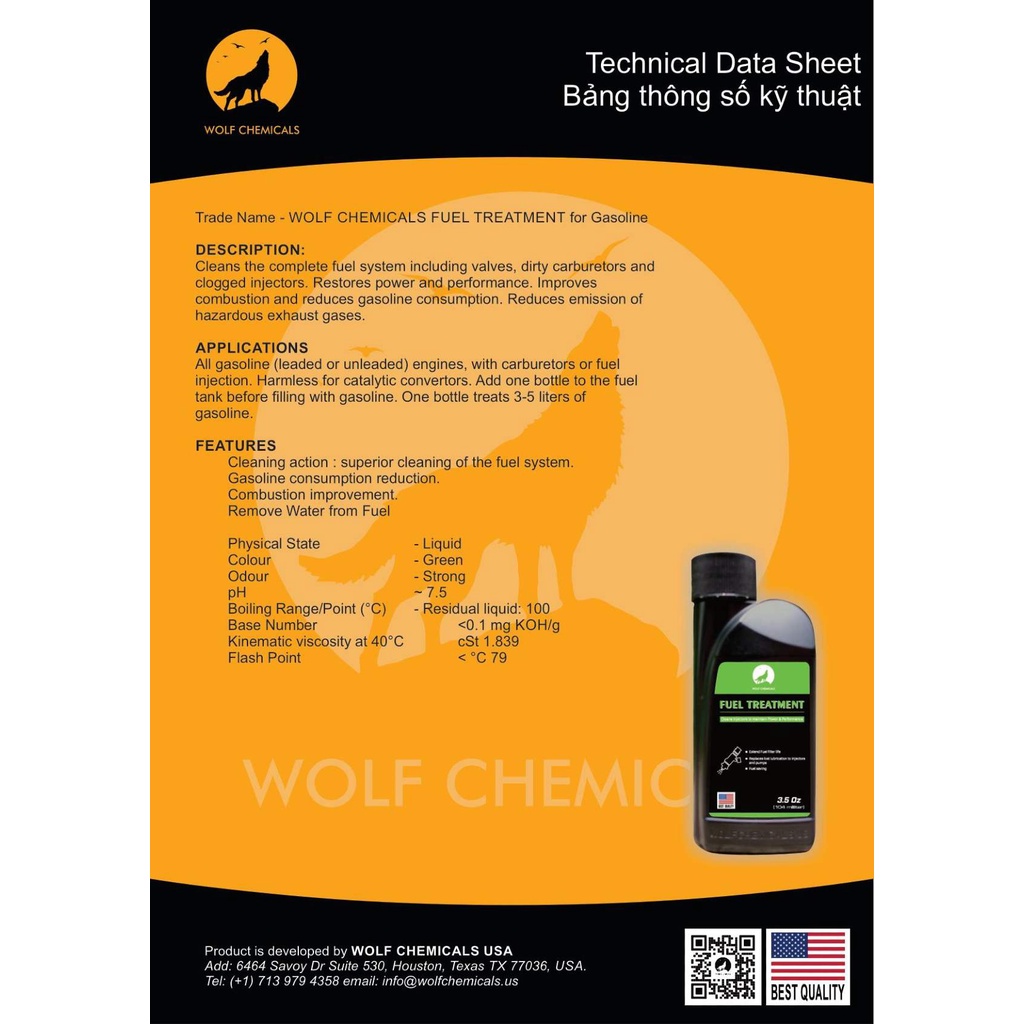 Phụ gia vệ sinh kim phun xăng và buồng đốt Wolf Chemicals Fuel Treatment 104ml - Phục hồi công suất - Tăng tốc cực nhanh