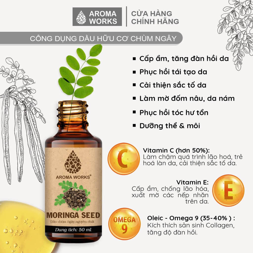 Dầu hạt Chùm ngây Aroma Works Organic moringa seed oil cấp ẩm, sáng da, mờ nám, mờ nếp nhăn