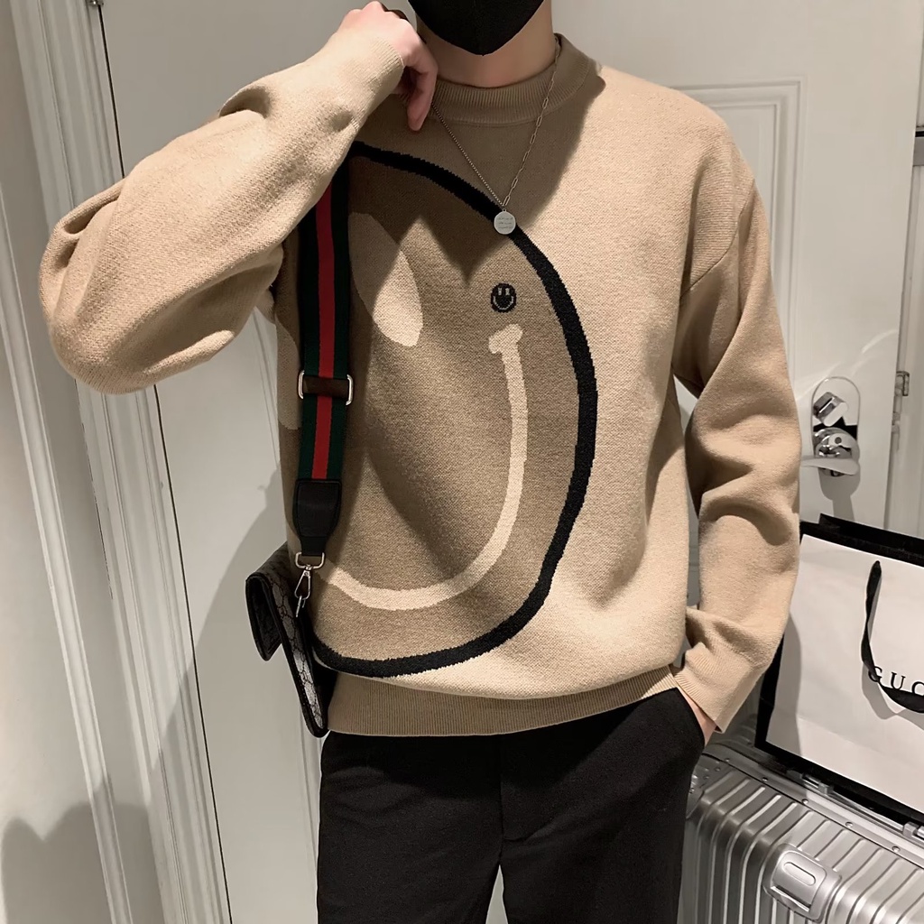 Áo Sweater Dệt Kim Cổ Tròn In Hình Mặt Cười Thời Trang Thu Đông Mới Cho Nam