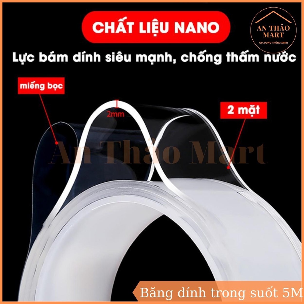 Cuộn 5 Mét Băng Dính 2 Mặt Trong Suốt Rộng 3cm, Băng Keo Nano Siêu Dính Dán Mọi Bề Mặt