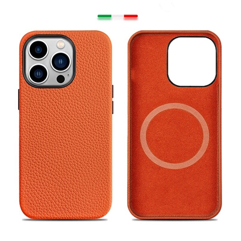 Ốp Điện Thoại Da Bò Thật Đế Sạc Không Dây Nam Châm Cho iPhone 14 Pro Max 12 Pro 13