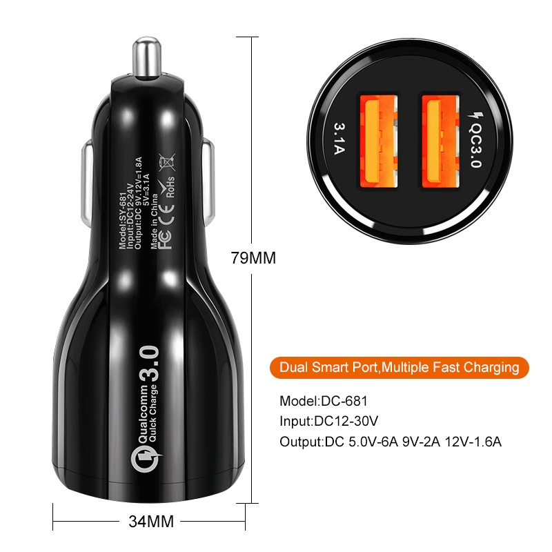 Tẩu Sạc Nhanh QC 3.0 Hai Cổng USB Và Cáp USB Kép Cho Điện Thoại Di Động