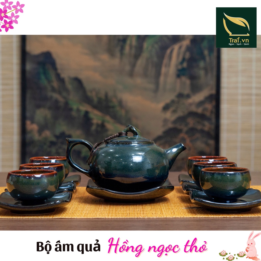 Bộ ấm chén uống trà , chất men hỏa biển Bát Tràng cao cấp, ấm quả hồng thỏ ngọc.