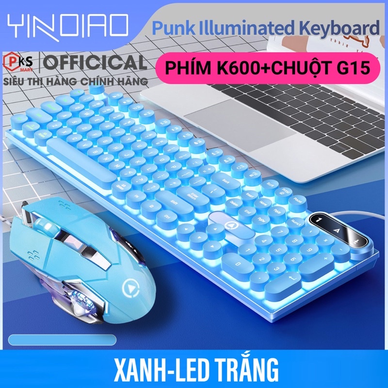 COMBO BÀN PHÍM CHUỘT MÁY TÍNH GAMING GIẢ CƠ NÚT TRÒN YINOIAO K600-G15 LED XUYÊN CHỮ NHIỀU MÀU XANH TÍM HỒNG TRẮNG