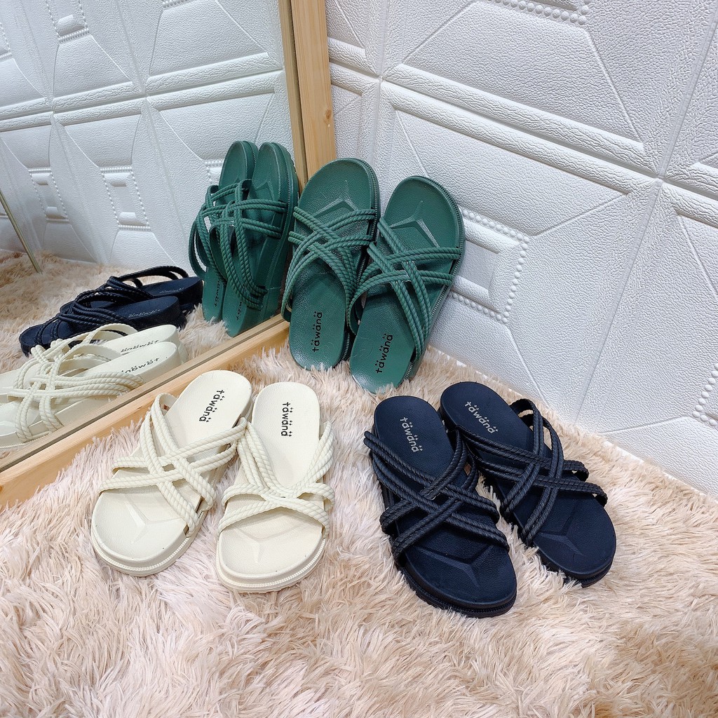Dép nữ cao su 4 quai chéo nhỏ tawana đế cao 3cm 2M01