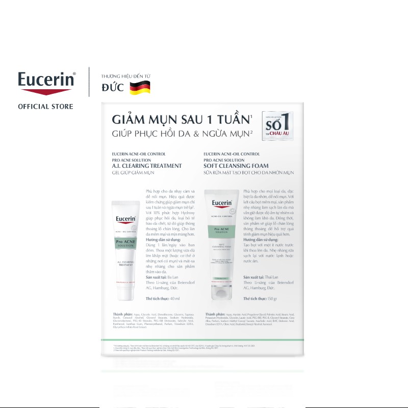 [Ưu Đãi 30%] Bộ sản phẩm giảm mụn Eucerin Pro Acne: Gel A.I. Treatment 40ml &amp; Bọt Rửa Mặt 150g