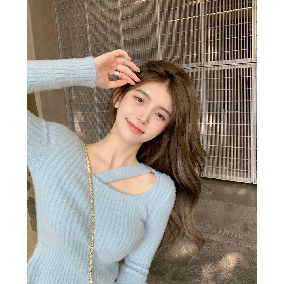 Áo sweater dệt kim ngắn tay dài thiết kế đơn giản thời trang thu đông