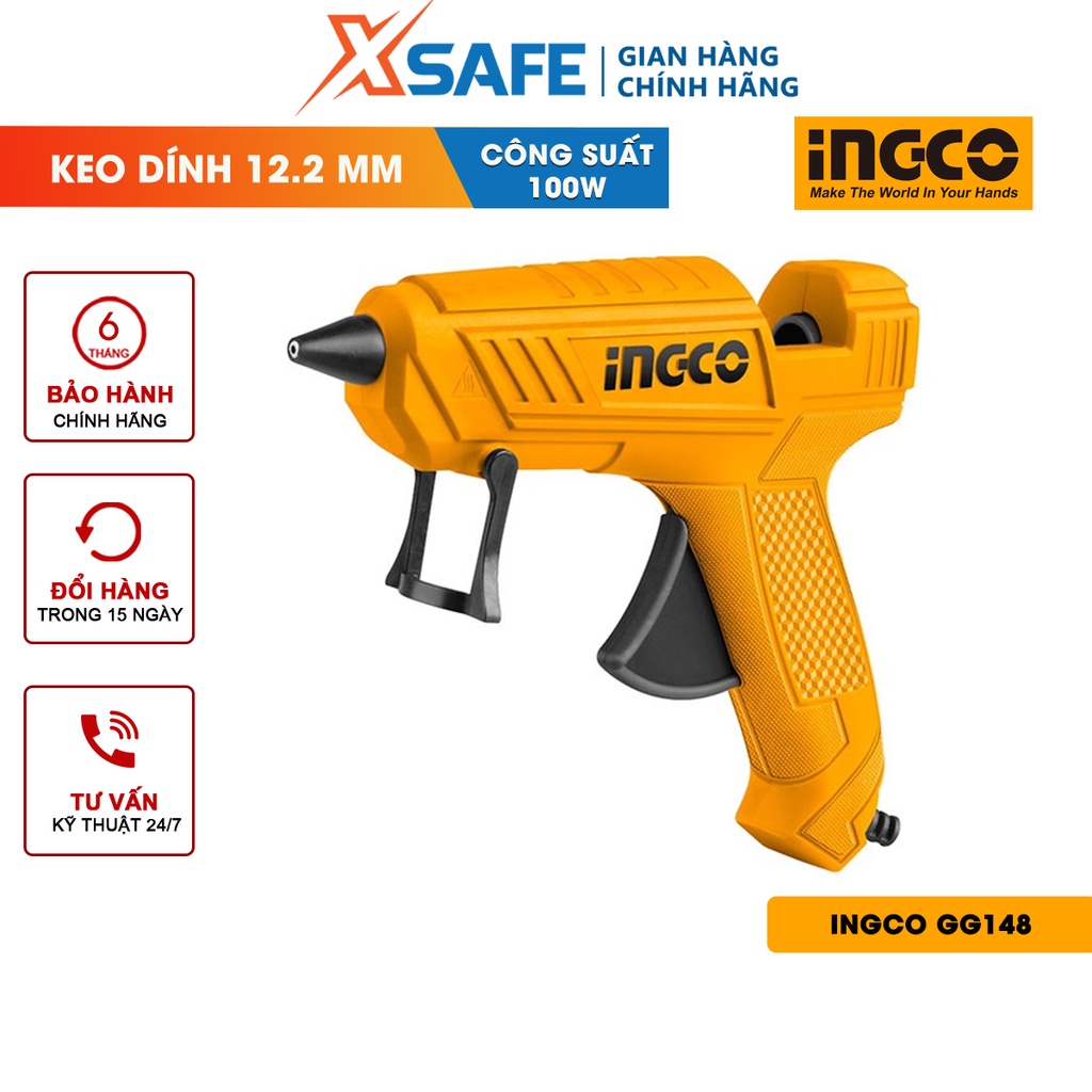 Súng bắn keo nến INGCO GG148 100W 220V Máy bắn keo cầm tay mini tặng kèm 2 cây keo 11.2mm, tạo keo 13-18g/ph