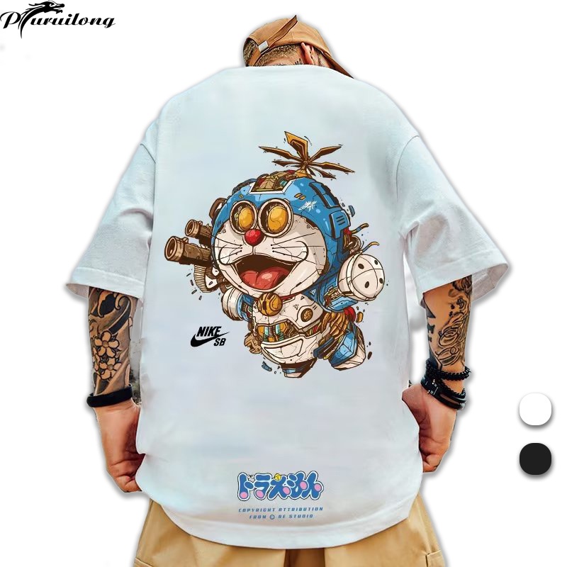 Áo thun PURUILONG B095 100% cotton tay ngắn dáng rộng in hình Doraemon phong cách đường phố Nhật Bản cho nam và nữ