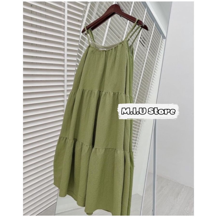 Váy đầm hai dây maxi xòe tầng đi biển dáng babydoll rộng chất đũi mềm mát