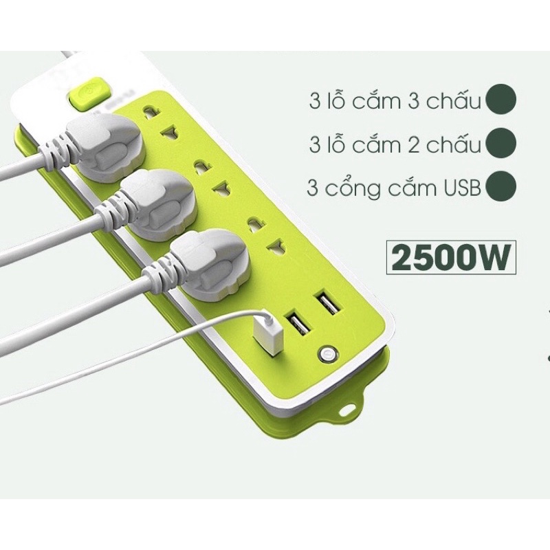 Ổ cắm điện xanh đa năng chống giật tích hợp 3 cổng USB