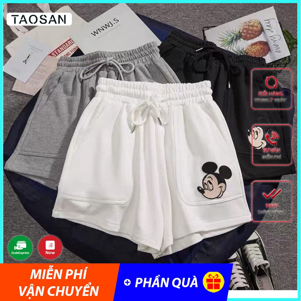 Quần sooc nữ form rộng vải da cá có dây rút, túi in hình miky, quần đùi/short nữ Taosan | BigBuy360 - bigbuy360.vn