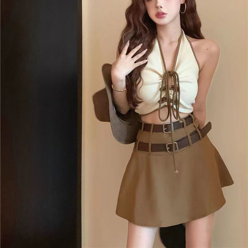 Jiashucheng Bộ Áo Hai Dây Cổ Yếm + Chân Váy Lưng Cao Ôm Dáng Thời Trang Mùa Hè Ngọt Ngào Cho Nữ