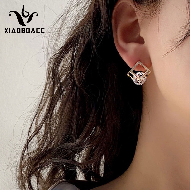 XiaoboACC Đôi khuyên tai mạ bạc 925 hình vuông đính đá thời trang cho nữ