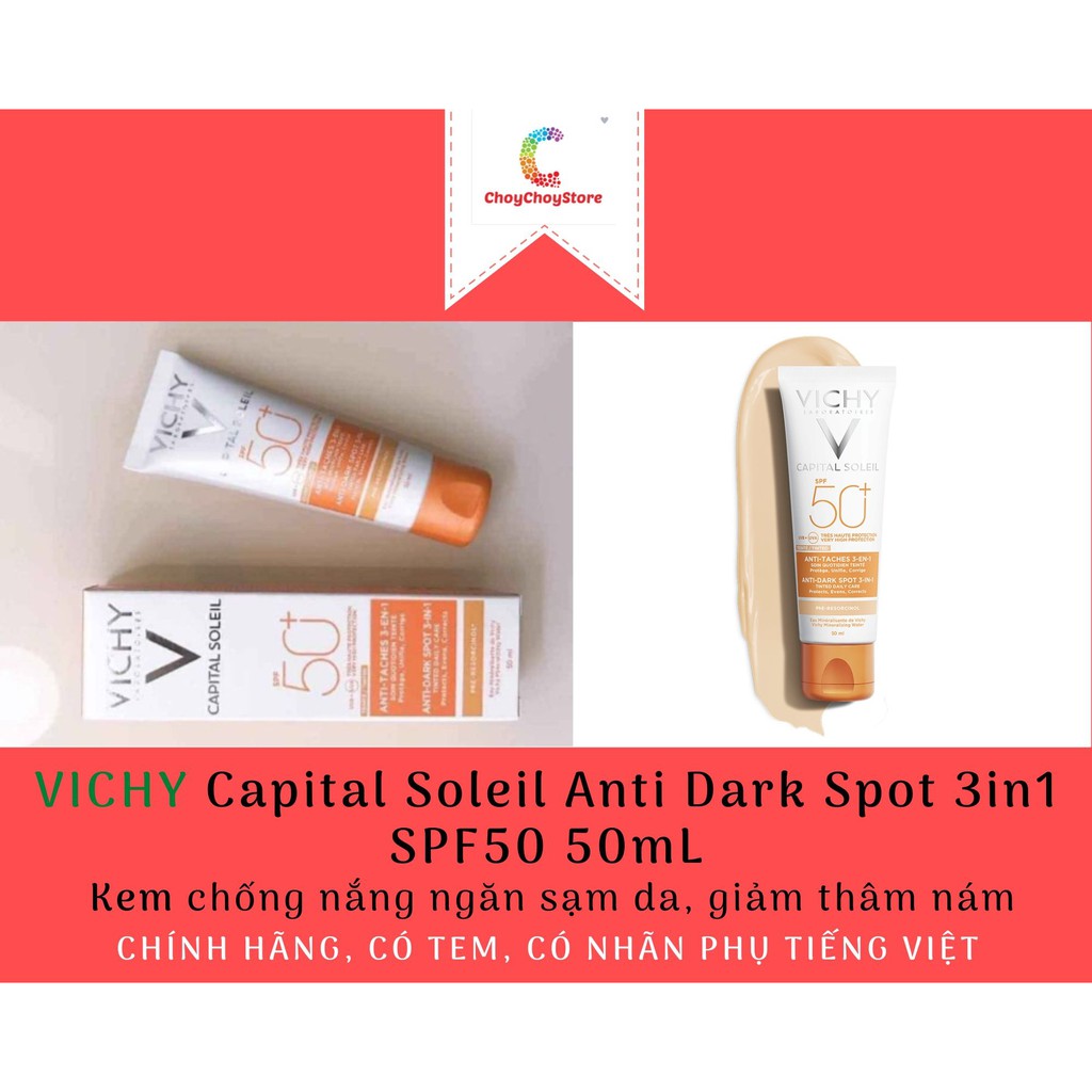 [TEM CTY] Kem Chống Nắng VICHY Capital Soleil Anti Dark Spot 3-in-1 Tinted 50mL -  Ngừa Sạm Da, Giảm Thâm Nám (Màu Da)