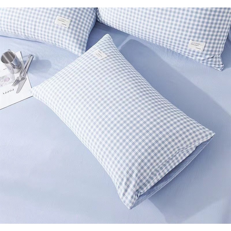 Bộ Ga giường, ga gối TC kẻ xanh dùng cho homestay, nhà nghỉ và decor phòng ngủ EmmiBedding gồm 1 ga và 2 áo gối nằm