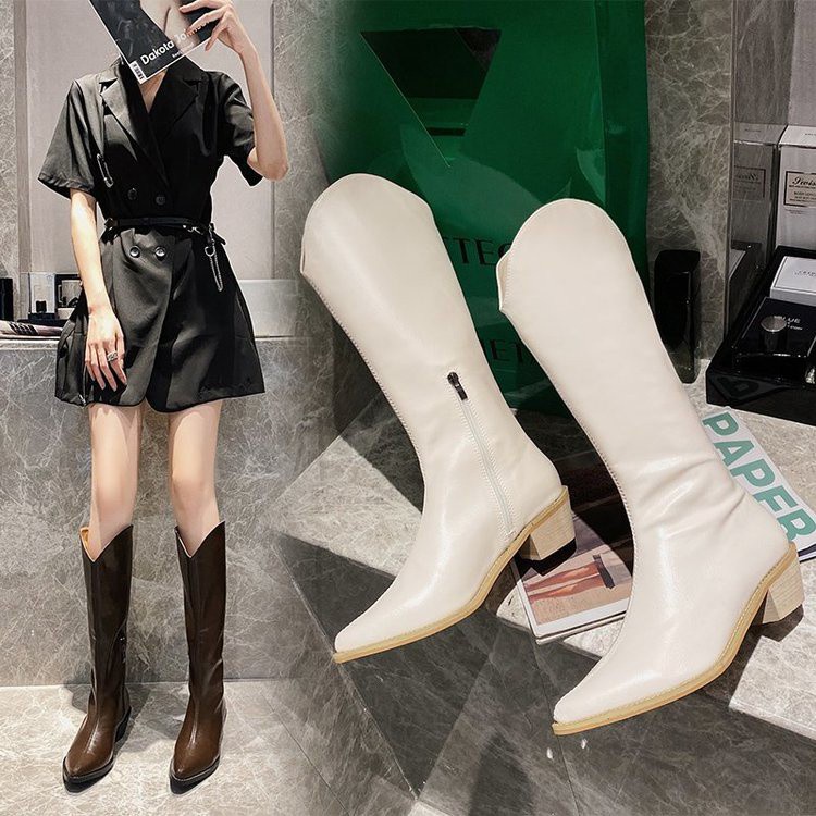 Fashion Ulzzang PU Leather Boot Pointed Side Zipper Middle Heel Long Boot