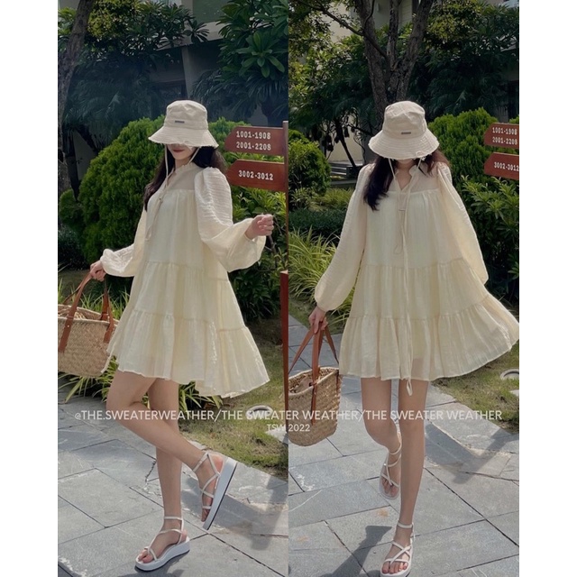 Váy Tơ Nhăn Kèm Đai Tay Dài Dáng Babydoll 4 Màu Siêu Xinh Có Ảnh Thật