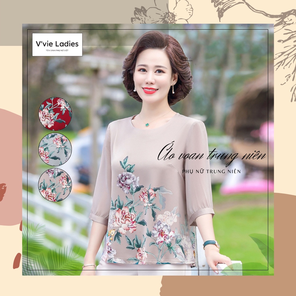 [V'vie Ladies][Cao cấp] Áo nữ trung niên voan phi lụa 3 màu hàng Quảng Châu loại 1 - Thời trang trung niên nữ cao cấp