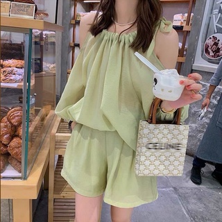 Set Áo Hai Dây Chống Nắng + Quần Lưng Cao Ống Rộng Thiết Kế Hở Vai Quyến Rũ Phong Cách Hàn Quốc Thời Trang Cho Nữ