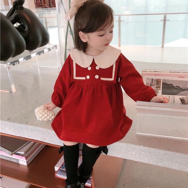 Váy, đầm bé gái Váy babydoll dài tay cổ sen, váy công chúa xinh xắn cho bé gái từ 8 đến 20 kg