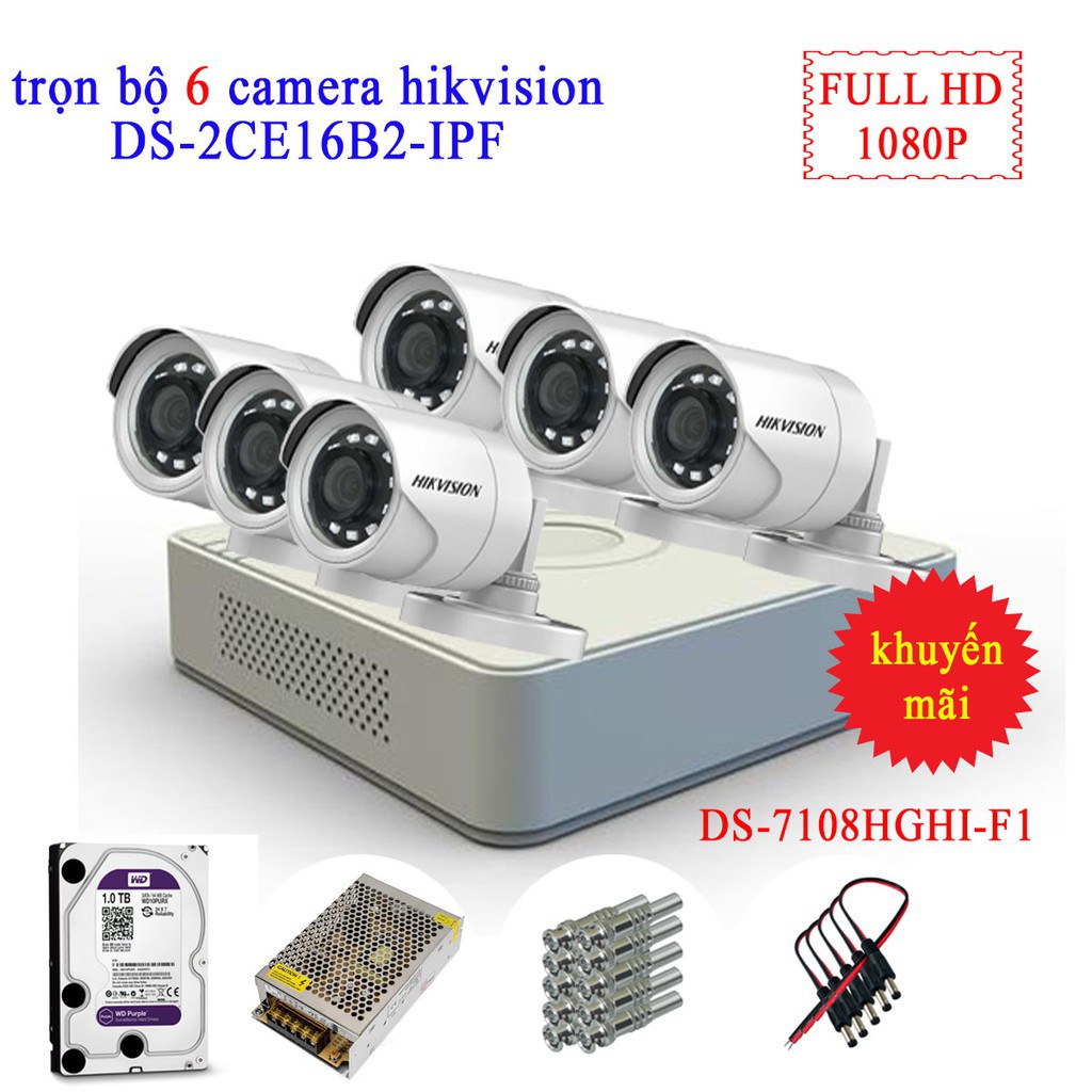 Trọn Bộ Camera 5/6/7/8 Mắt Hikvision 2MP DS-2CE16B2-IPF FULL HD 1080P, Đầu DS-7108HGHI-F1 Full Phụ Kiện Lắp Đặt