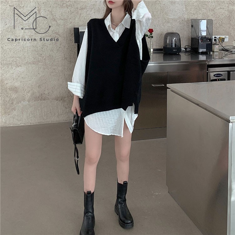 Áo sơ mi trắng sọc chìm phối gile phong cách Ulzzang Hàn Quốc