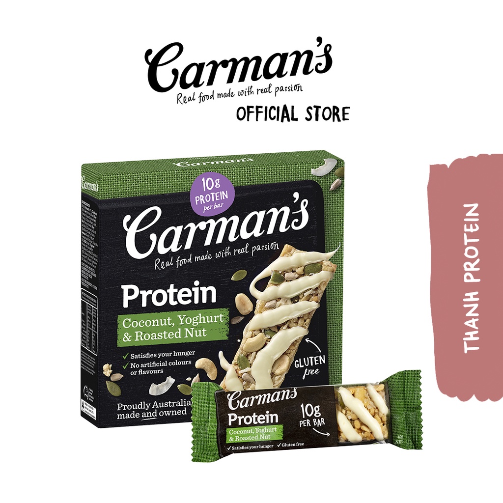 Thanh Protein Carman's Không Gluten Vị Coconut Yoghurt & Roasted Nut - Gourmet Protein Bars Hộp 5×40g