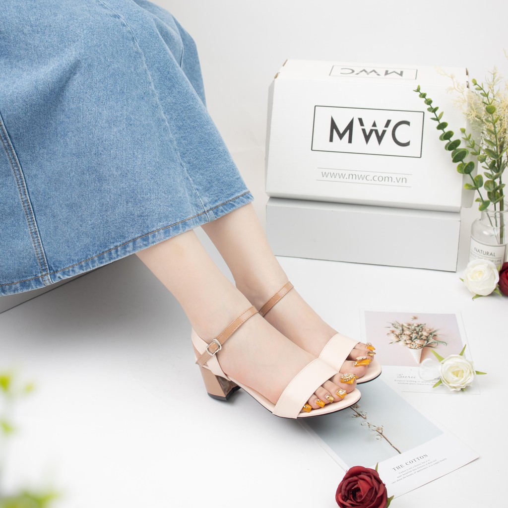 Giày Sandal Cao Gót MWC Đế Vuông 5CM Hở Mũi Quai Ngang Màu Xanh Nâu Sang Trọng NUCG-3920