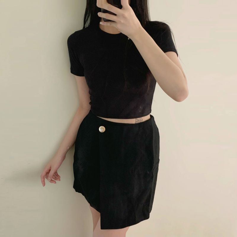[ SET 2 MÓN ]Áo len tăm cổ tròn + chân váy chữ A  đính nút vạt chéo thời trang ulzzang mùa hè đi chơi basic cực đẹp [ GI