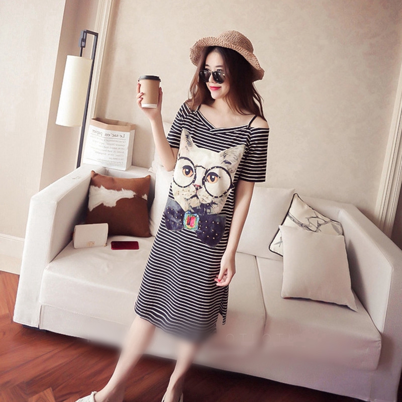 dress Short sleeve Bare shoulders  Cartoon cat graphics Shift dresses Korean cloths