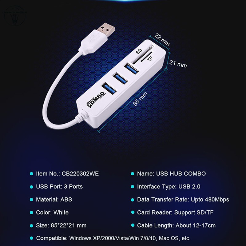 DG 3 Ports High Speed USB 2.0 Hub Splitter Multi USB Combo 2 in 1 SD/TF Card Reader for PC