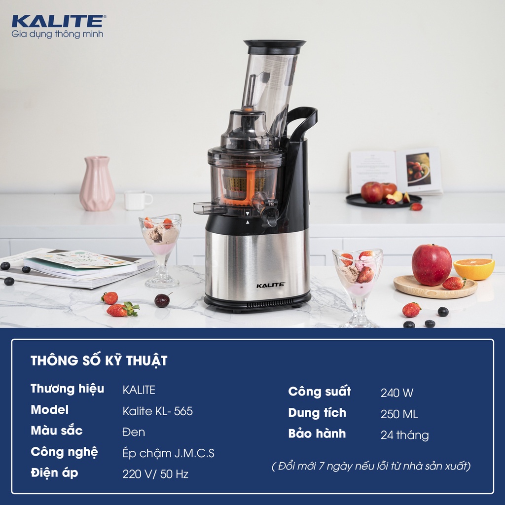 Máy ép chậm Kalite KL-565, Ép kiệt bã đến 90% giữ nguyên hương vị và dinh dưỡng của rau củ quả ,Bảo hành 24 Tháng