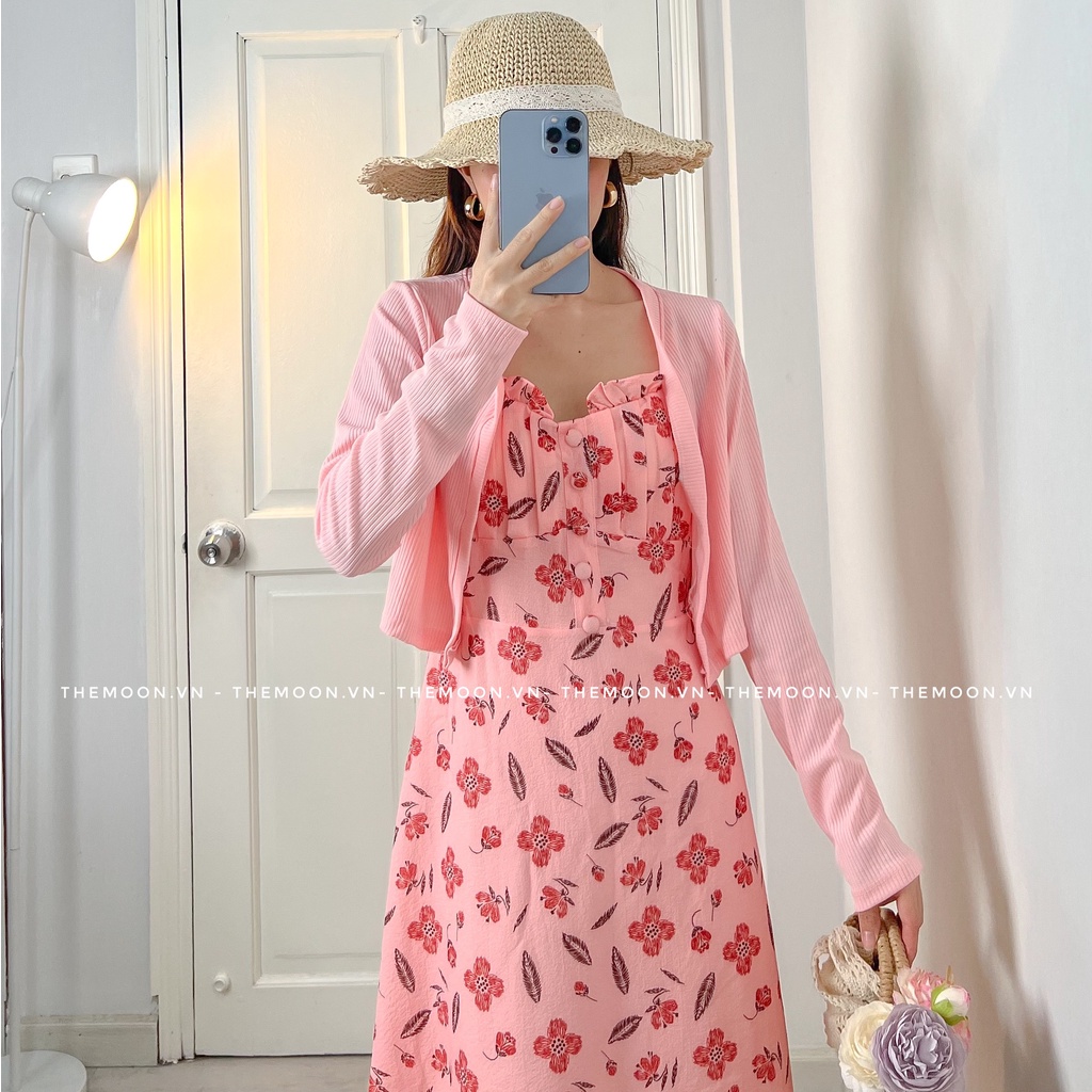 Set đầm 2s hoa có sẵn mút ngực viền bèo kèm áo khoác croptop 2 màu