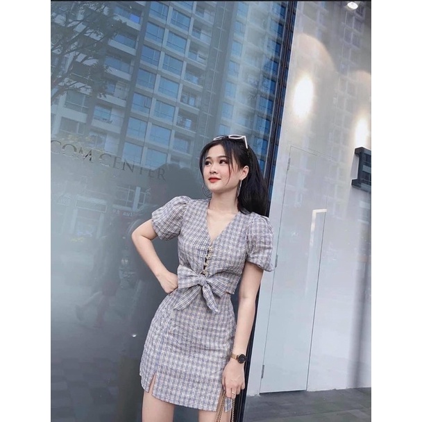 SET XINH Lyn Set gồm chân váy và áo croptop chất vải caro xốp xịn thiết kế cột nơ style ullzang