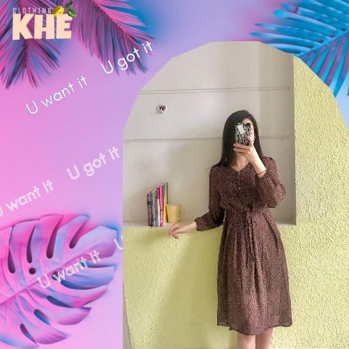- Váy hoa dáng dài vintage, tay dài, dây thắt eo nữ tính - thu đông