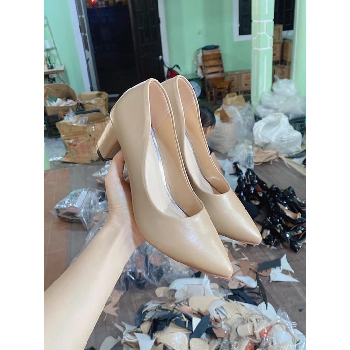 Giày búp bê nữ cao gót 5 phân, da mờ màu kem, mềm êm chân OCNHI18