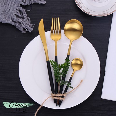 Bộ dao thìa dĩa màu gold chuôi đen/ hồng/ trắng/ đỏ phong cách Bắc Âu  - Gippy Decor