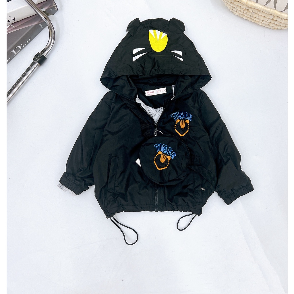 Áo khoác cho bé, áo khoác gió 2 lớp vài gió lì chính phẩm kèm túi thêu chú hổ cho bé trai, bé gái