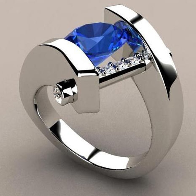 New Creations Inlaid Sapphire Silver Standing Rings Diamonds
