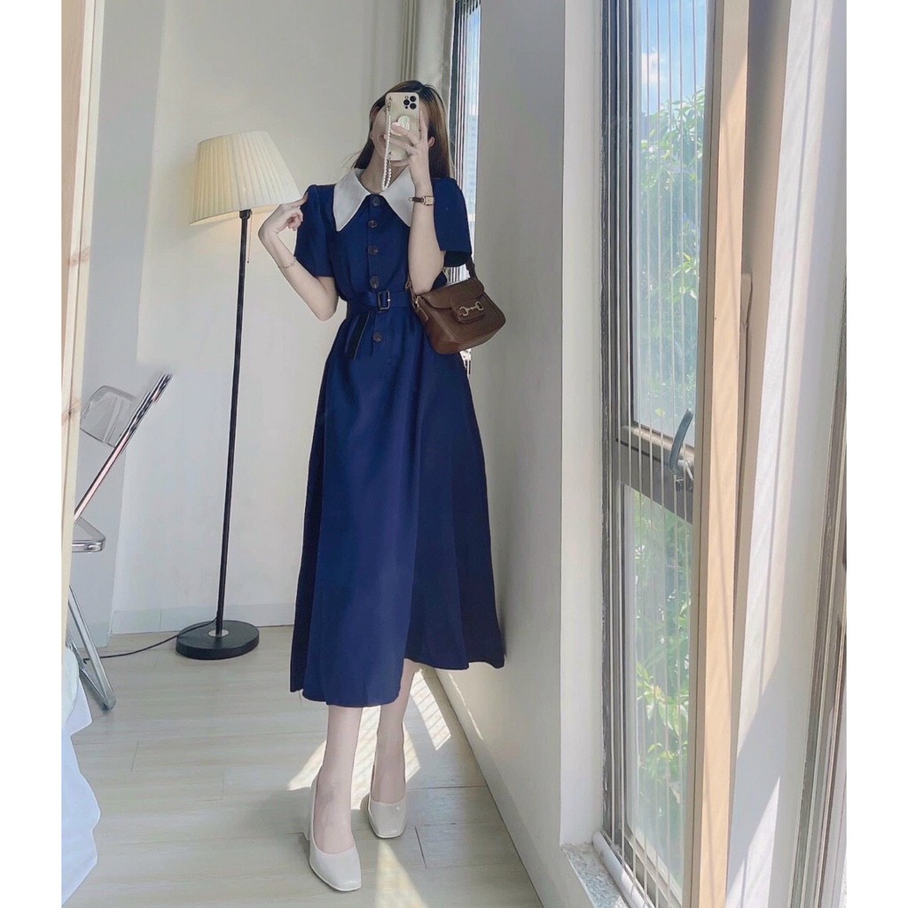 Đầm midi tay ngắn, váy midi dài xanh cổ peter trắng phối nịt siêu xinh đi chơi đi du lịch hẹn hò đều xinh Tây Thi Shop | BigBuy360 - bigbuy360.vn