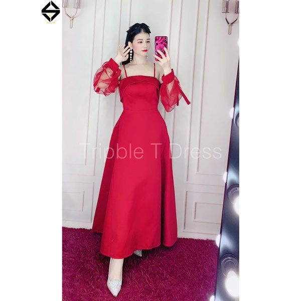 Đầm xoè rớt vai hai dây phối tay lưới có nơ tay chất lụa taffeta TRIPBLE T DRESS - size M/L - MS354V
