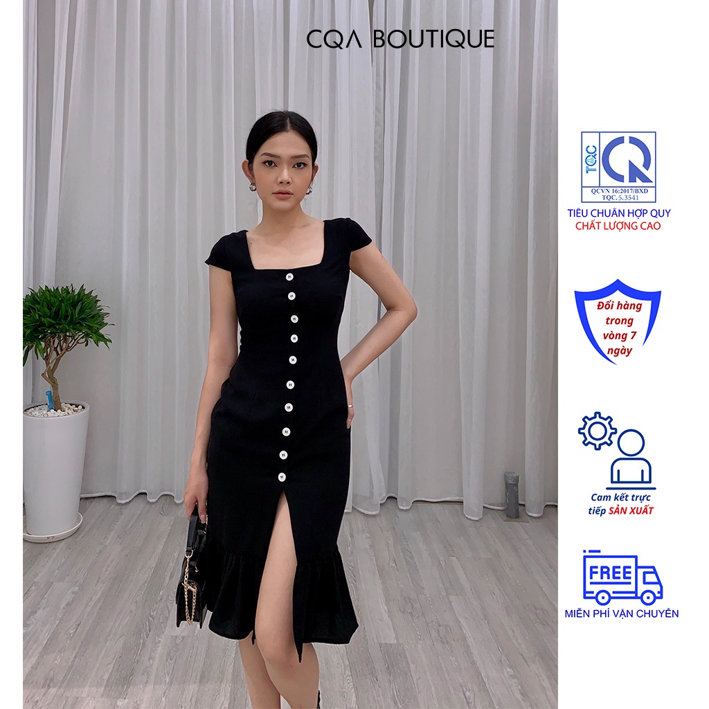 Đầm Bút Chì Dáng Đuôi Cá Tay Ngắn Nút Thân Trước CQA Boutique CQA0013 Màu đen Quyến Rũ Chất Vải Crepe Cao Cấp
