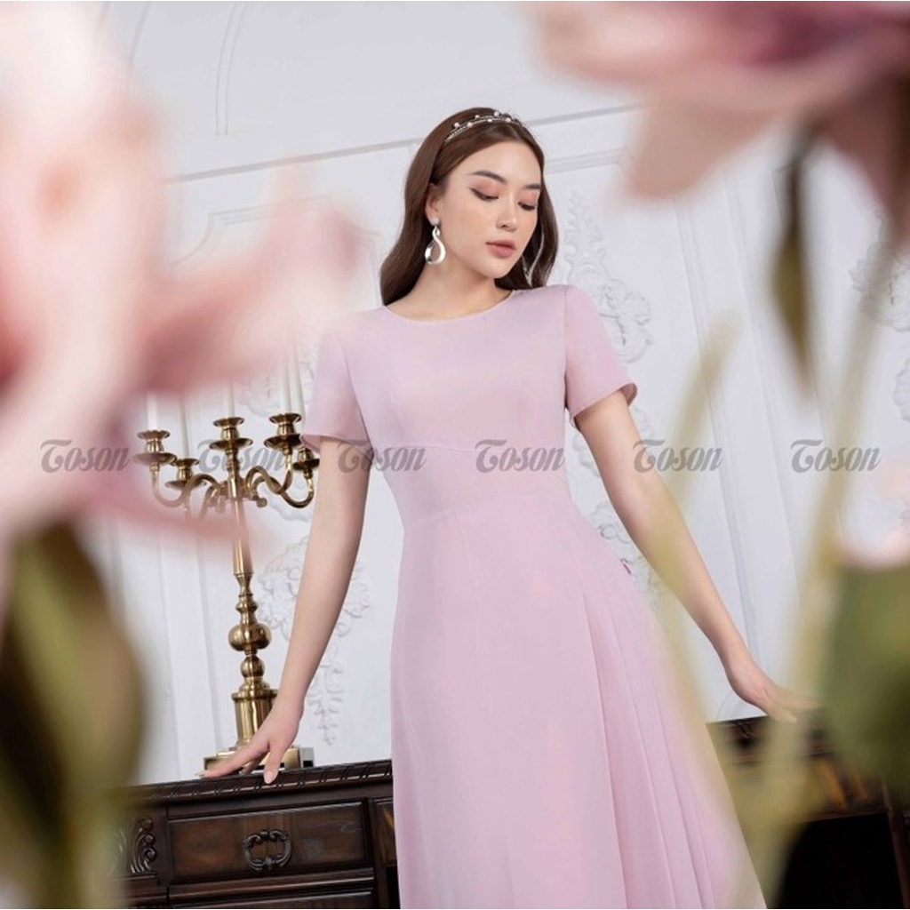 Đầm hồng pastel tay cộc, thân dưới xếp ly một bên - to.son thời trang mới 2022