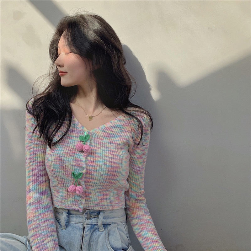 【ZHELIHANGFEI】 / Áo Khoác Cardigan Dệt Kim Dáng Ngắn Hở Rốn Màu Hồng Nhẹ Nhàng Thời Trang Xuân Thu Cho Nữ