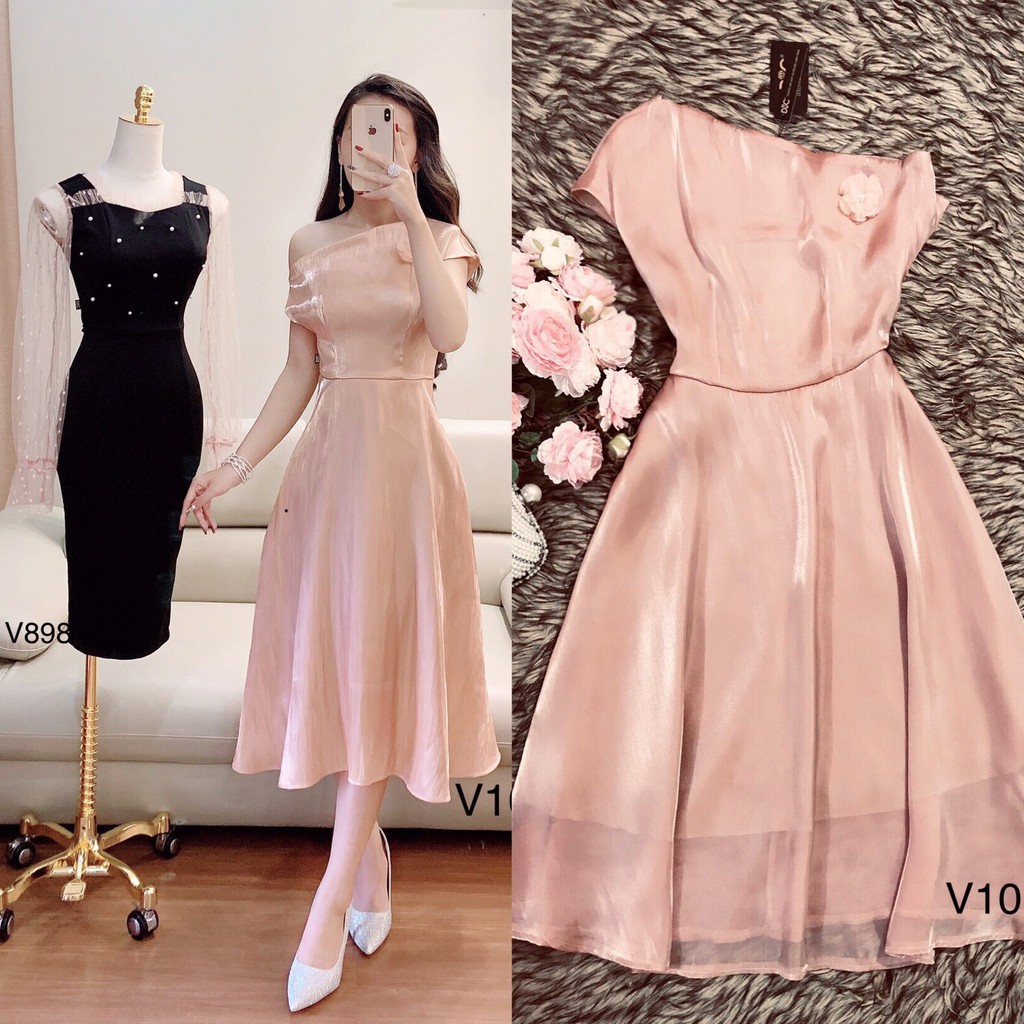 [ xả kho ] MiD Đầm xòe be lêch vai V1013 Mie Design ảnh thật