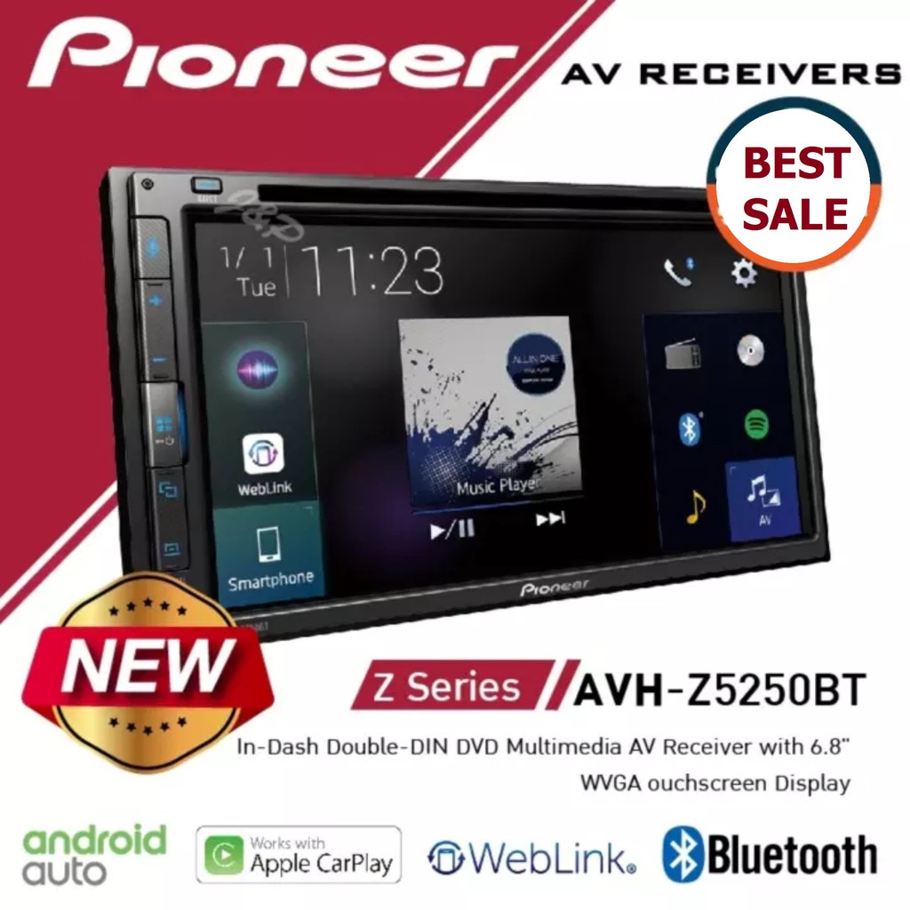 Pioneer AVH-Z5250BT Màn hình DVD đa phương tiện WVGA, Apple CarPlay, Android Auto, WebLink